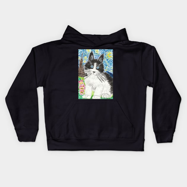 Maine coon cat  watercolor Starry Night themed Kids Hoodie by SamsArtworks